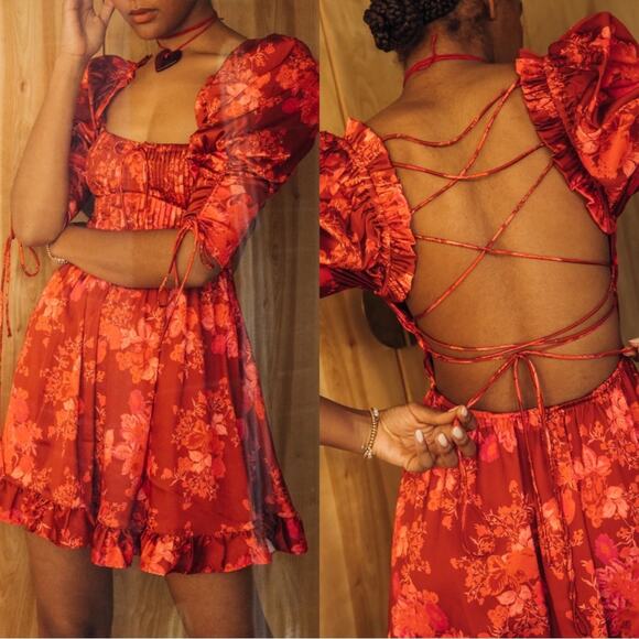 For Love & Lemons Alia Floral Puff Sleeve Tie Back Red Mini Dress Size XS - Picture 3 of 9
